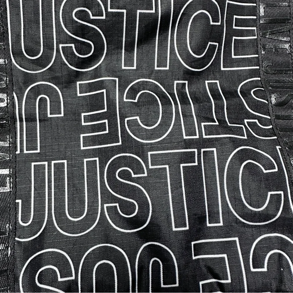 Justice logo black drawstring tote bag overnight dance / sports rucksack Tote